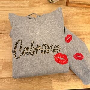 Gildan Gray Cabrona Hoodie with Leopard Print and Red Lips